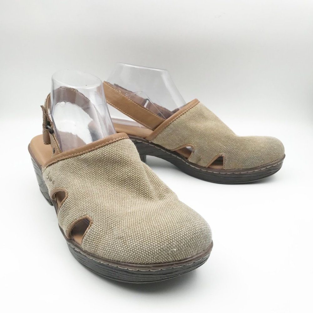 B.O.C. Tan Canvas Sling Back Block Heel Neutral Clogs Sandals Womens 11